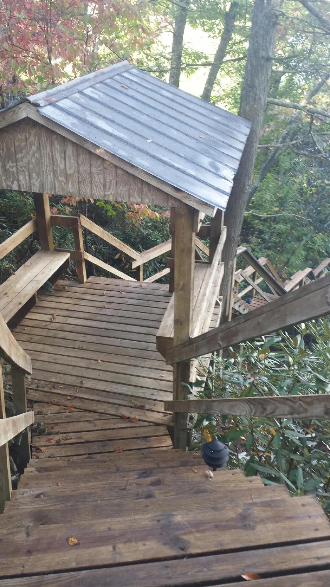 Metal roofed shelter over wooden steps on a wooded walkway — Skylight Repair & Installation work by our crew in Interlaken
